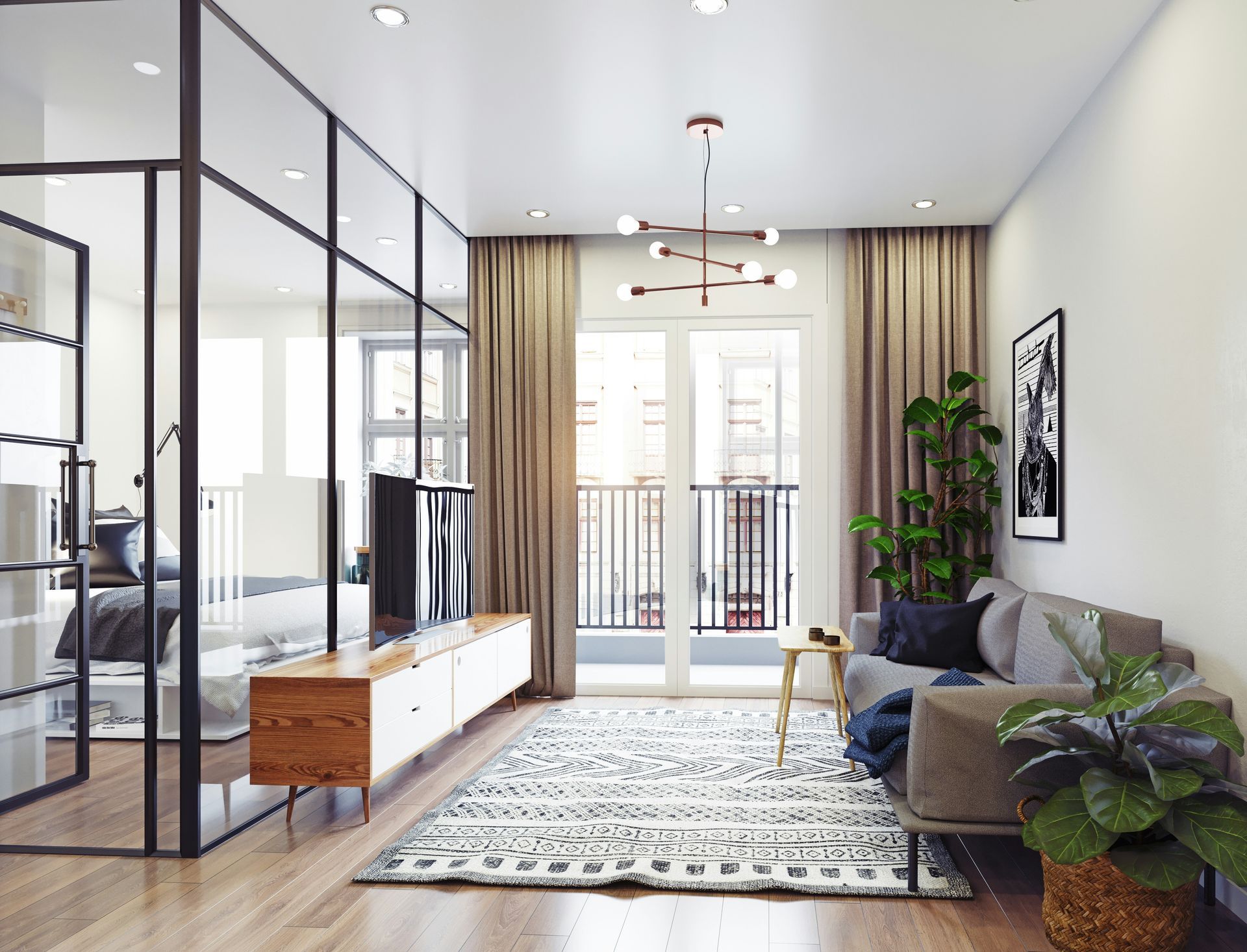 A modern, light-filled living room featuring a glass-partitioned bedroom, a grey sofa, a patterned rug, and a plant.