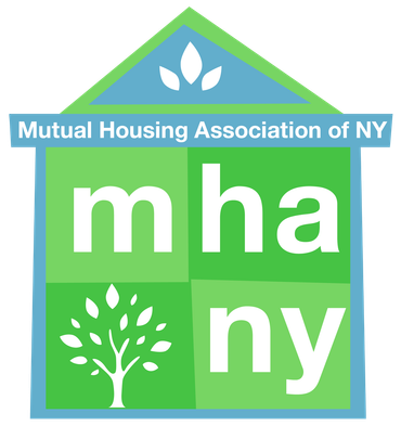 Logo for the Mutual Housing Association of NY featuring a green house icon with a white tree, text