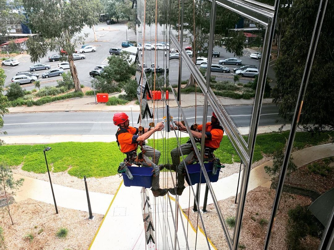 Two men are climbing a building with ropes.