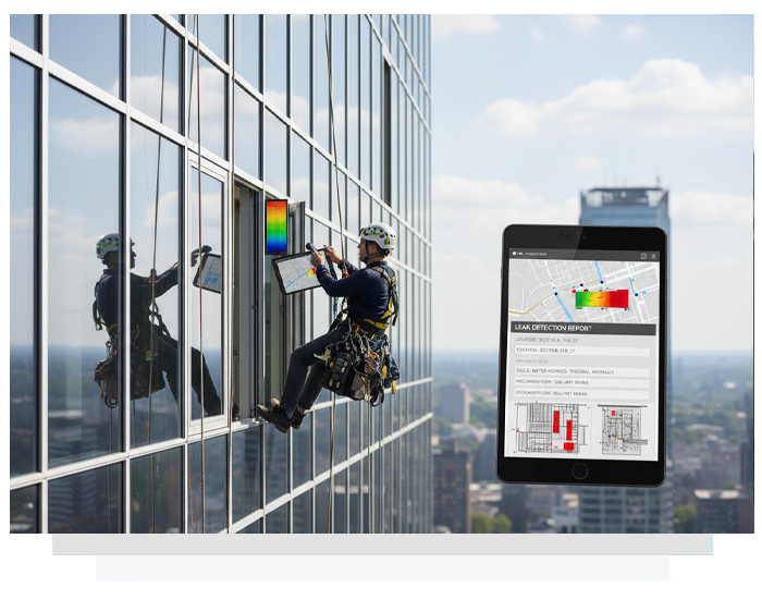 Worker rappels down a skyscraper, inspecting a window. Tablet displays a color-coded analysis chart.
