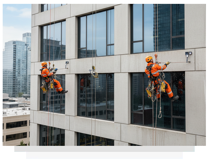 Two abseilers in orange suits rappelling down a modern skyscraper, cleaning windows.