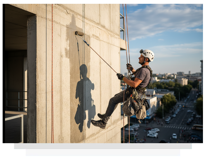 Worker rappelling down a tall building, working on an exterior wall above a city street.