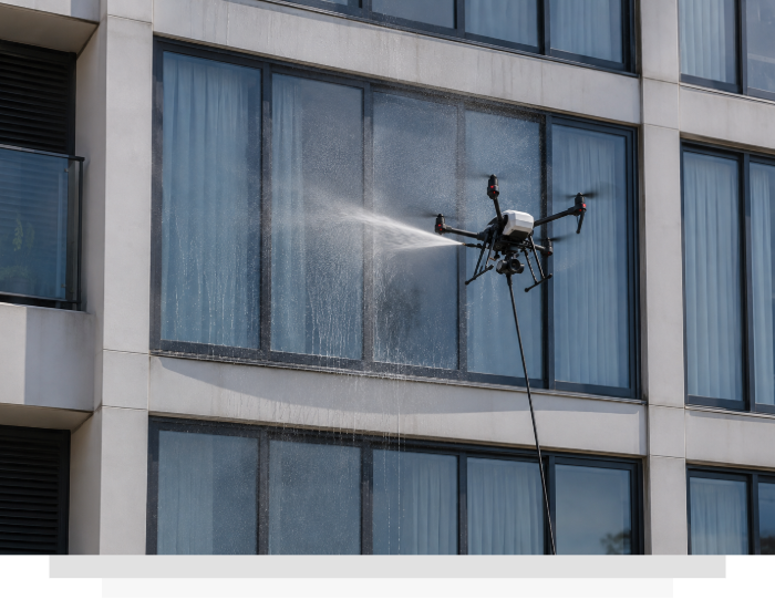 Drone spraying water on an apartment window