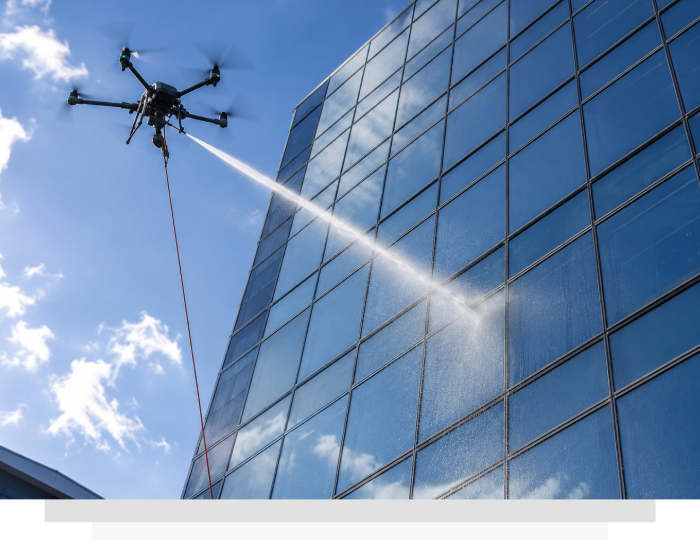 a drone spraying water on a building facade