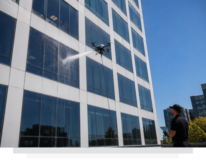 Drone cleaning a glass office building
