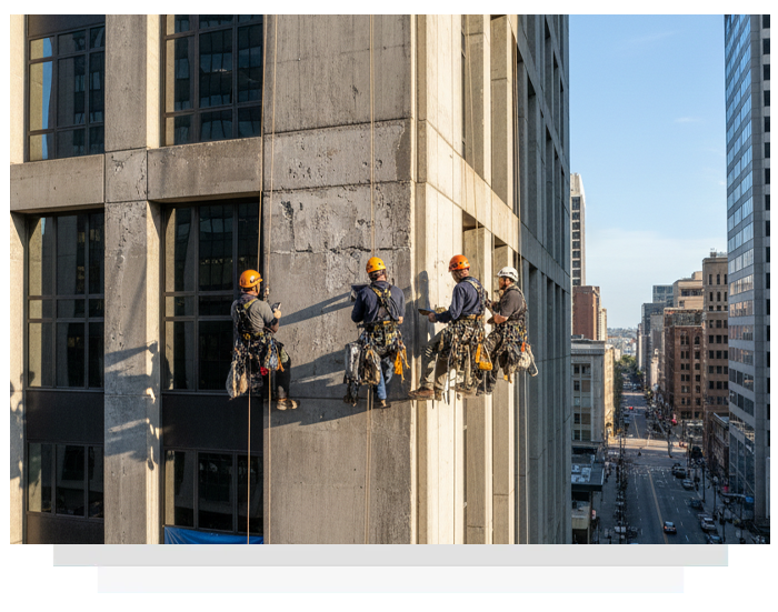 Four abseilers on a high-rise building corner, suspended by ropes.