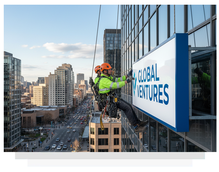 Two workers install a sign for Global Ventures on a high-rise building, city in background.