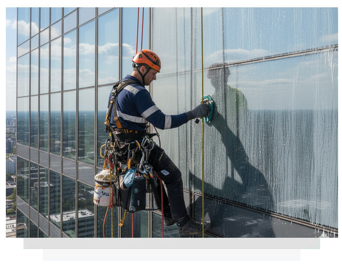 Window cleaner suspended on ropes, washing a high-rise building's glass facade.