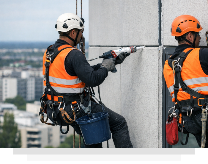 A worker suspended in a harness uses a caulk gun to apply sealant around the frame of a window on a brick building.