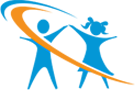 A blue and orange logo of a man and a woman holding hands.