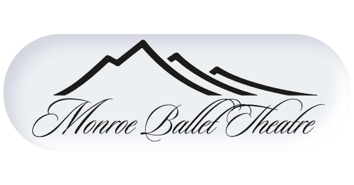 A logo for the monroe ballet theatre with a mountain in the background