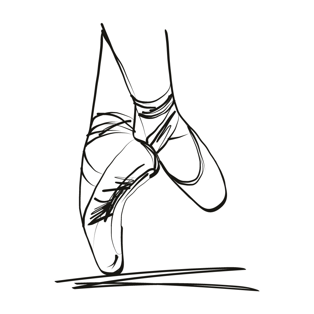 A black and white drawing of a pair of pointe shoes on a white background.