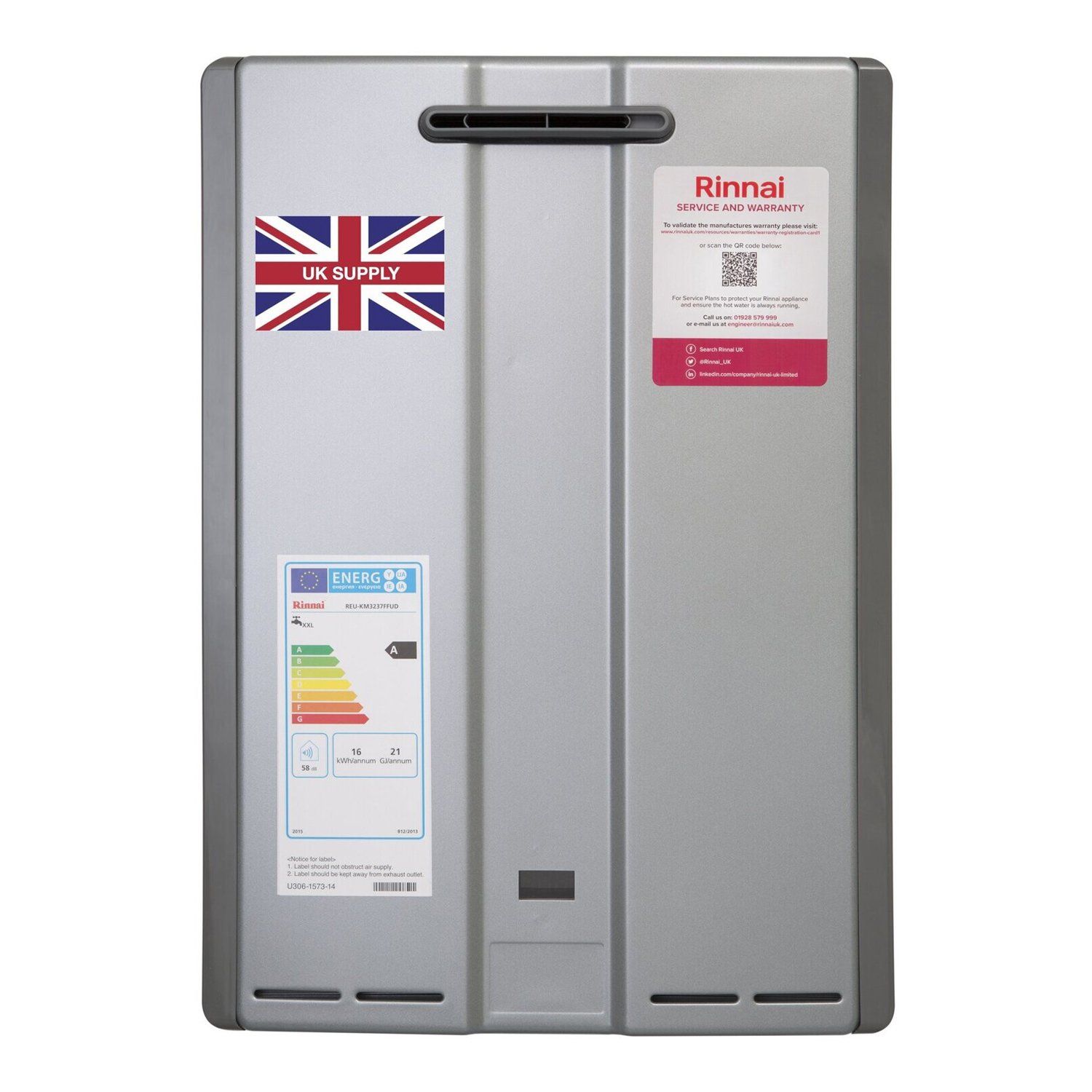 A silver rinnai water heater with a british flag on it