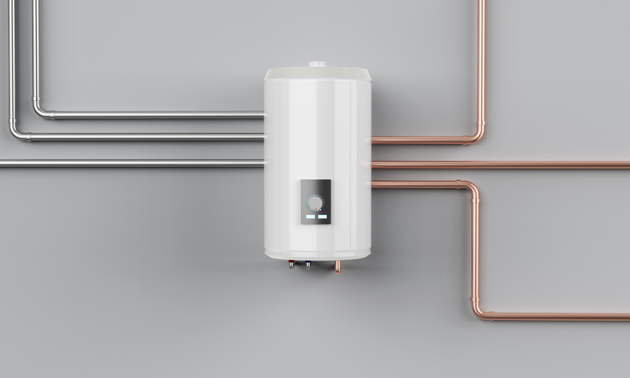 White wall-mounted water heater with exposed silver and copper pipes on a gray wall