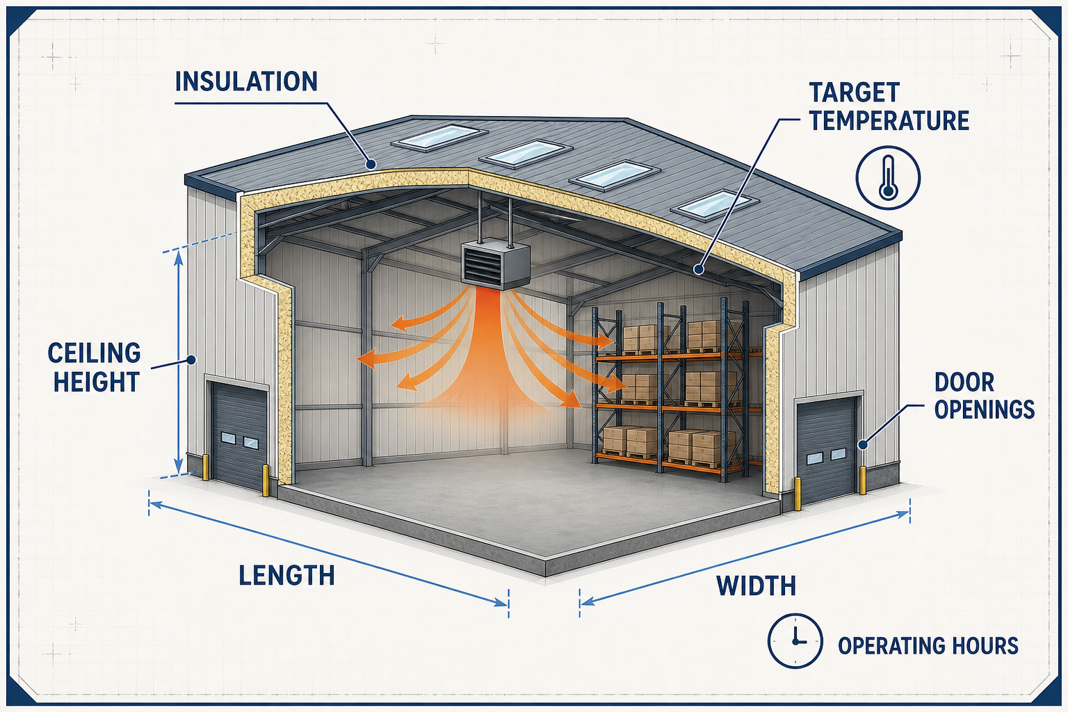 Warehouse diagram showing dimensions, ceiling height, insulation and door openings used for heater sizing.