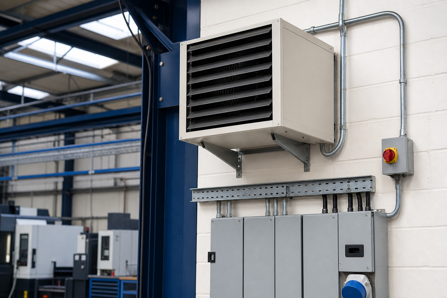 Commercial electric warm air heater connected to a three-phase electrical supply.