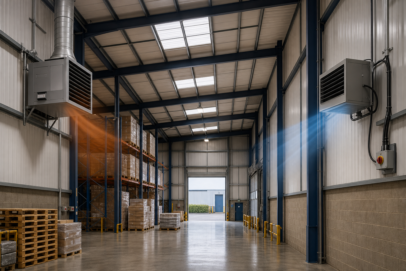 Gas and electric warm air heaters installed in commercial buildings.
