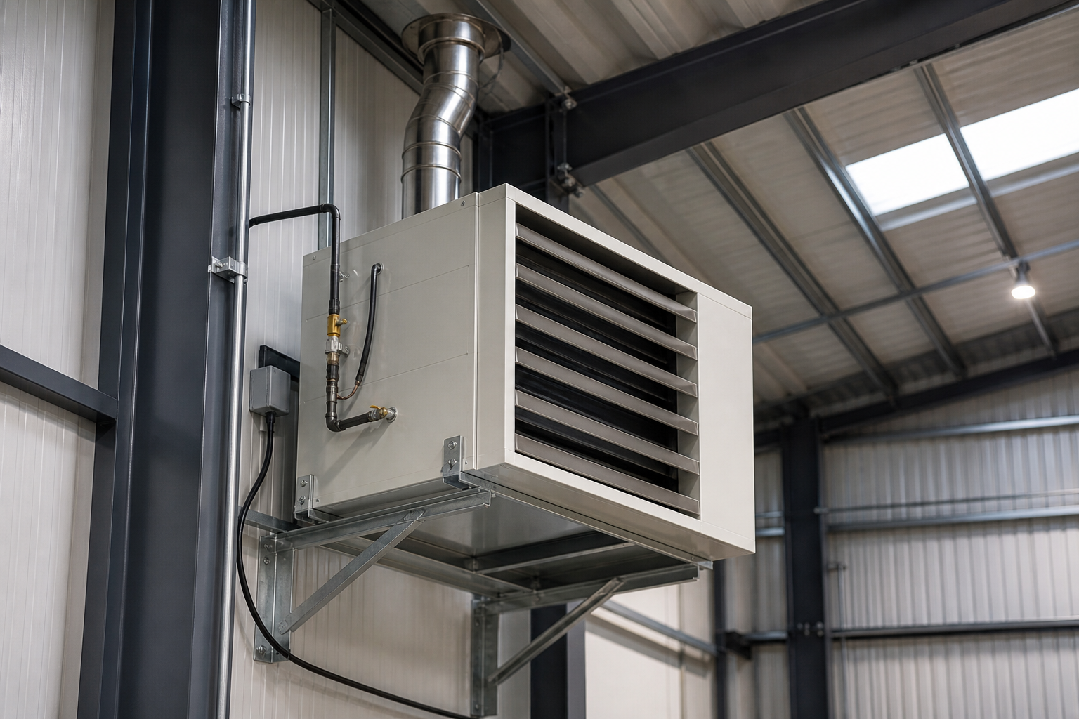 Suspended commercial gas warm air heater with flue and service clearance.