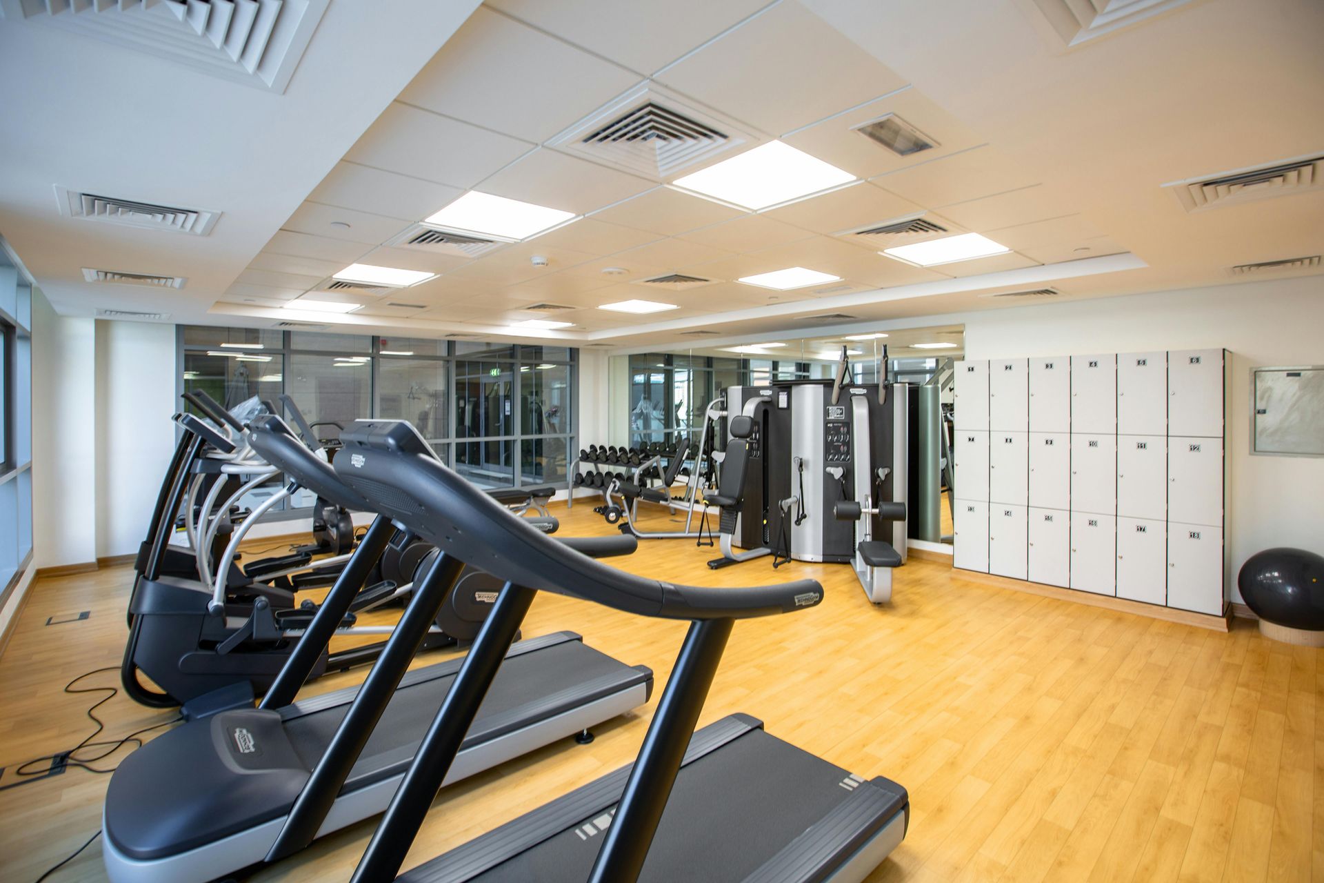 A gym with rows of treadmills in the foreground, weight machines in the back, and white lockers against the side wall.