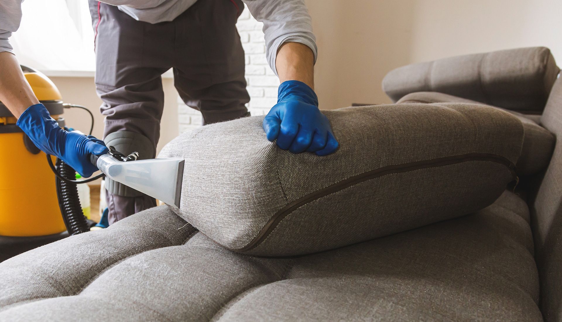 A person wearing blue gloves uses a professional steam extraction tool to deep clean a grey fabric sofa cushion.