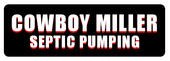 Cowboy Miller Septic Pumping logo in bold white and red text on a black background