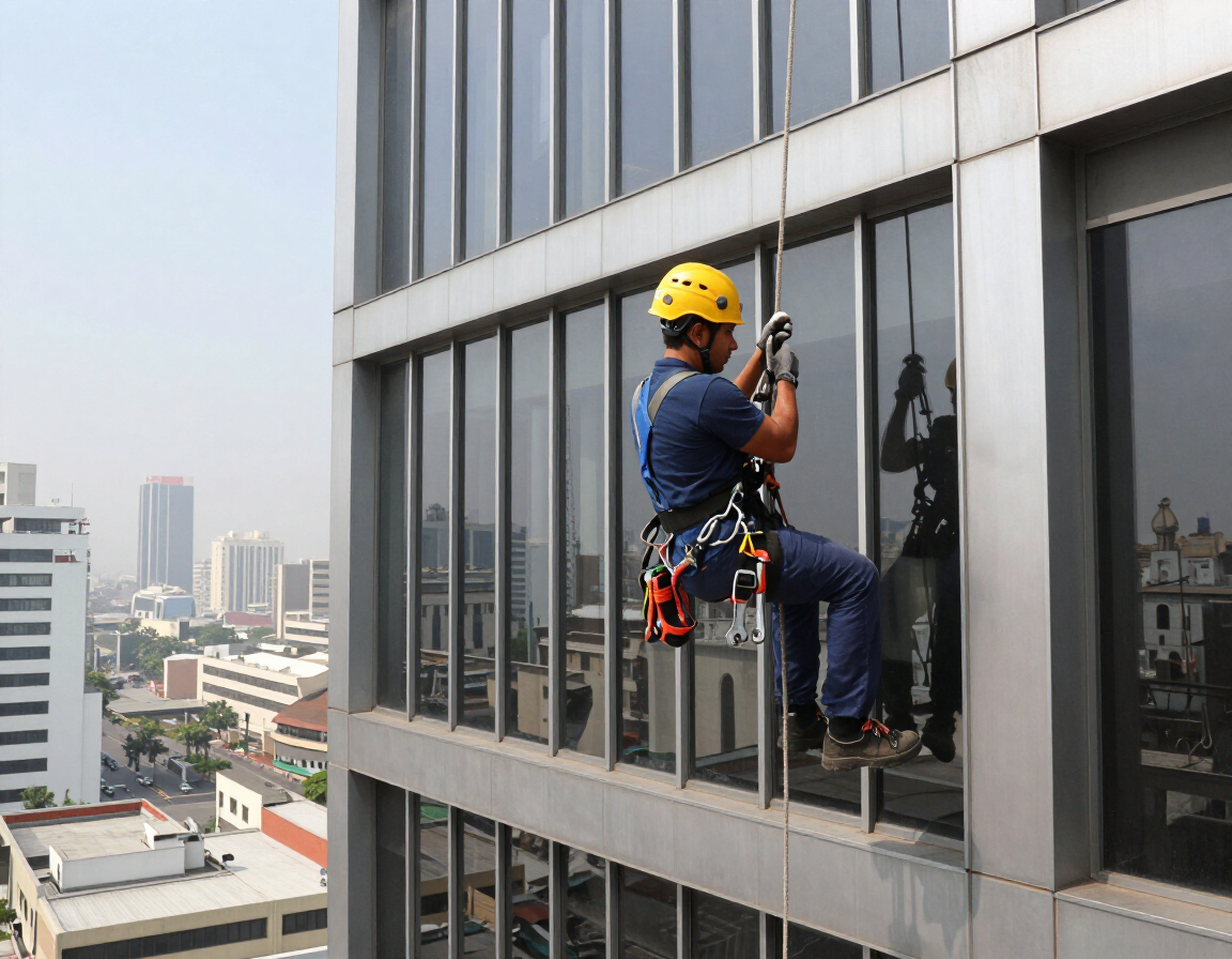 Técnico de trabajos verticales realizando mantenimiento en fachada en Lima