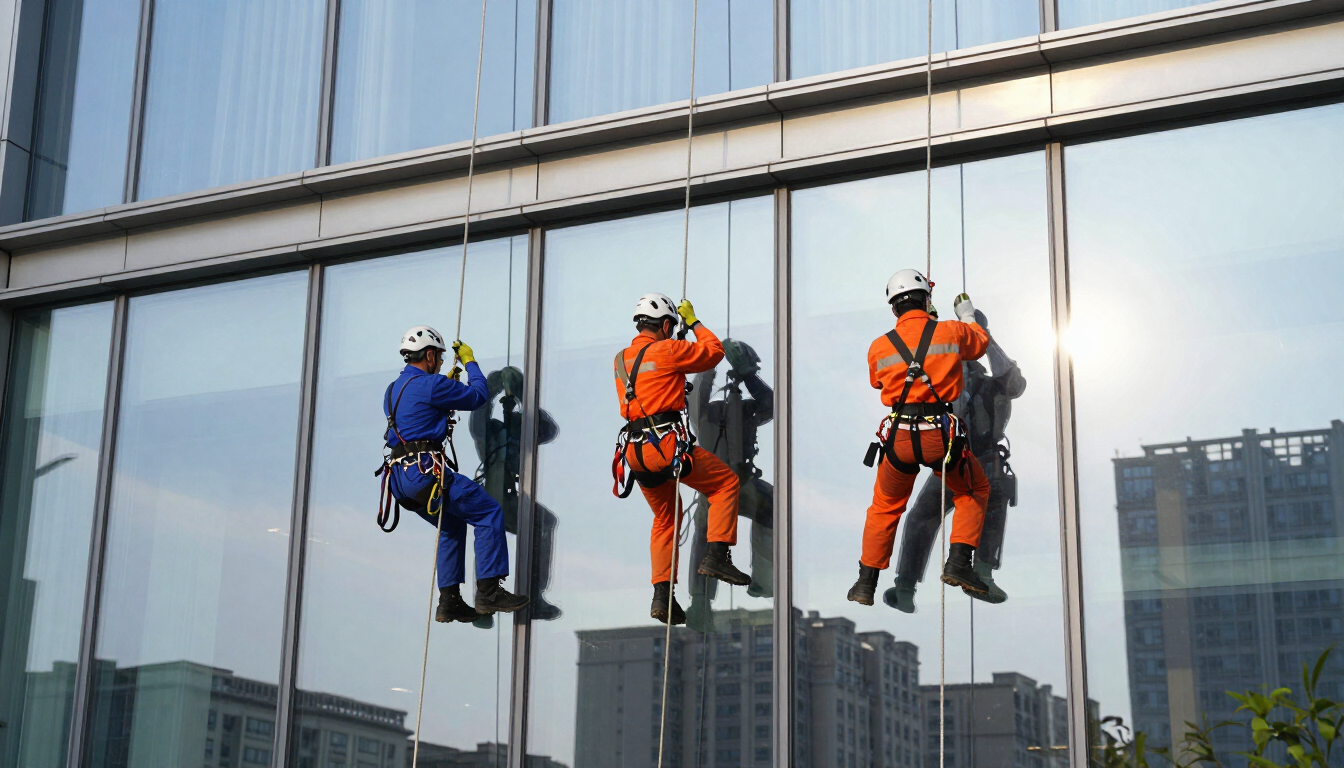 Técnico realizando instalación de aire acondicionado en fachada de edificio en Lima