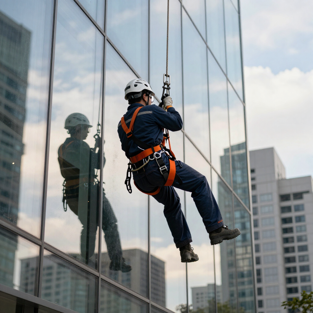 Trabajos en altura en edificio corporativo de Lima con técnicos y sistemas de seguridad