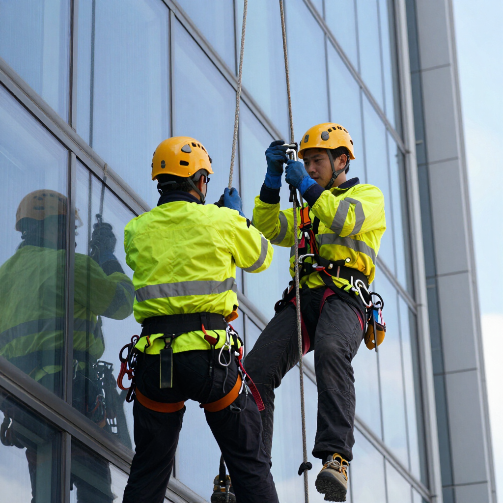 Técnicos limpiando vidrios exteriores de un edificio en Lima