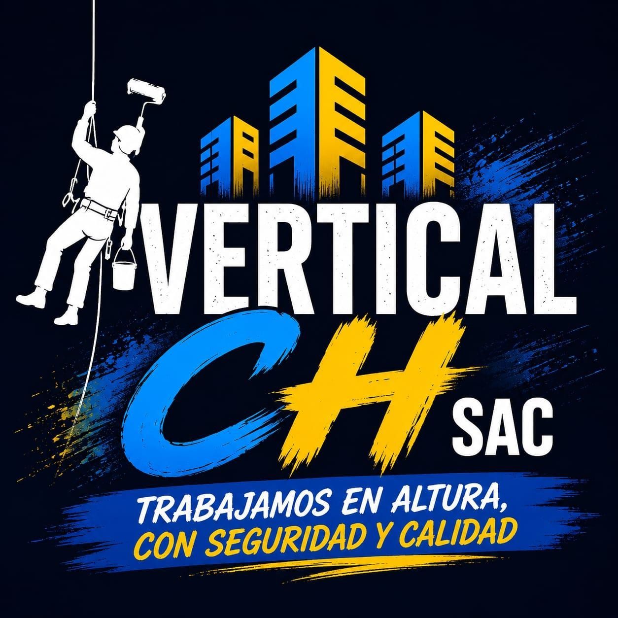 Logo de servicio vertical CH SAC, con trabajador en altura y texto “trabajamos en altura, con seguridad y calidad”