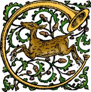 a drawing of a deer with a horn in its mouth