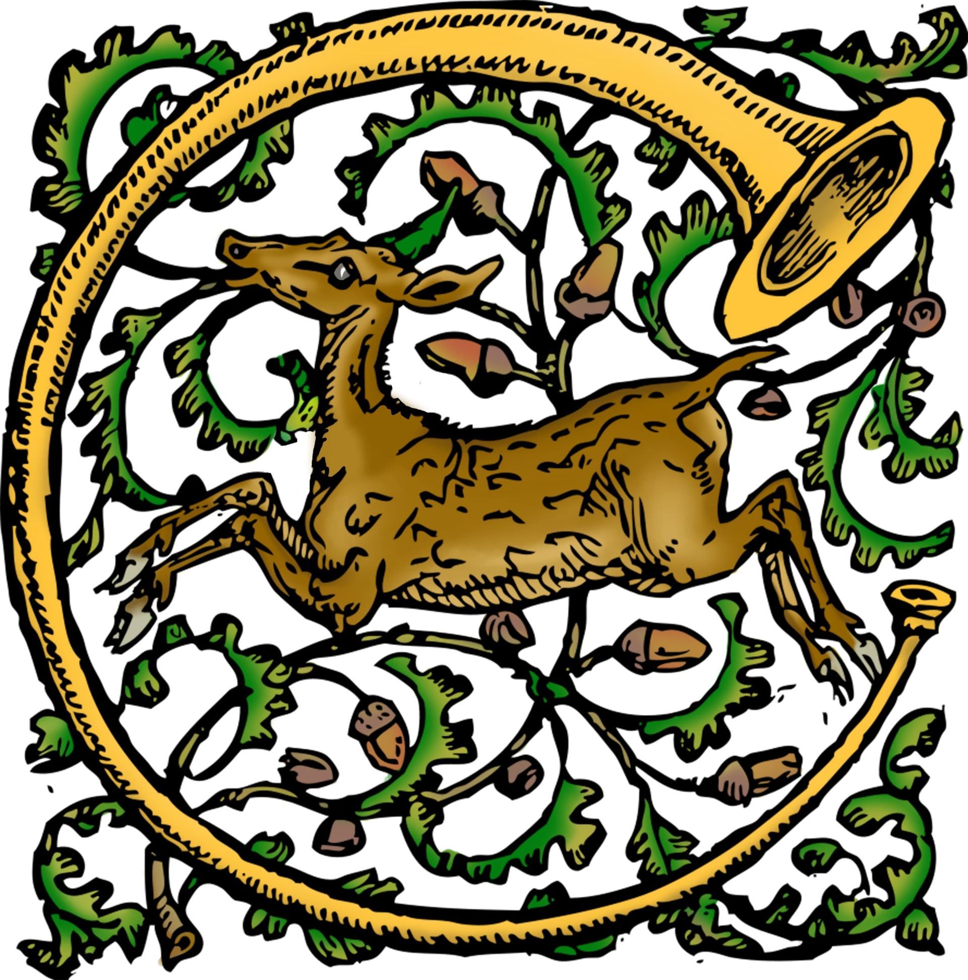 a drawing of a deer with a horn in its mouth
