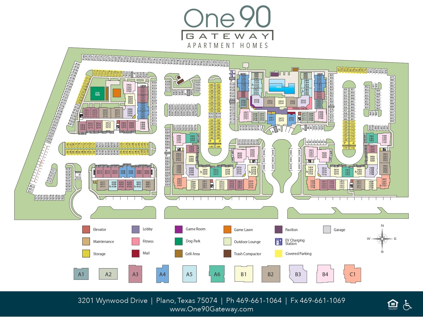 Color-coded site plan map of the One90 development with labeled buildings, roads, and parking areas.