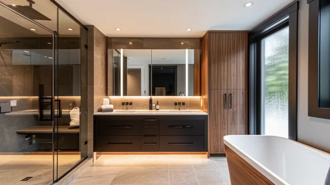Bathroom renovations Vancouver BC featuring full ensuite remodel with double vanity and quartz countertops. Frameless glass shower and heated porcelain floors add spa-level comfort. Installed by licensed and insured Metro Vancouver bathroom contractors.
Vancouver bathroom remodeling with custom walk-in shower and Schluter waterproofing system. Large-format tile walls create a seamless modern finish. Completed to BC Building Code and City of Vancouver permit standards.
Luxury bathroom renovation Vancouver showcasing freestanding tub and marble tile flooring. Wall-mounted vanity and LED mirror enhance contemporary design. Built by certified Lower Mainland bathroom renovation specialists.
Small bathroom remodel Vancouver BC with space-saving corner shower and floating vanity. Waterproof vinyl flooring improves durability in condo units. Ideal for strata-approved bathroom renovations in Metro Vancouver.
Custom bathroom design Vancouver featuring spa-inspired rainfall shower system. Engineered stone vanity top and brushed nickel fixtures complete the look. Designed and executed by professional bathroom remodelers.