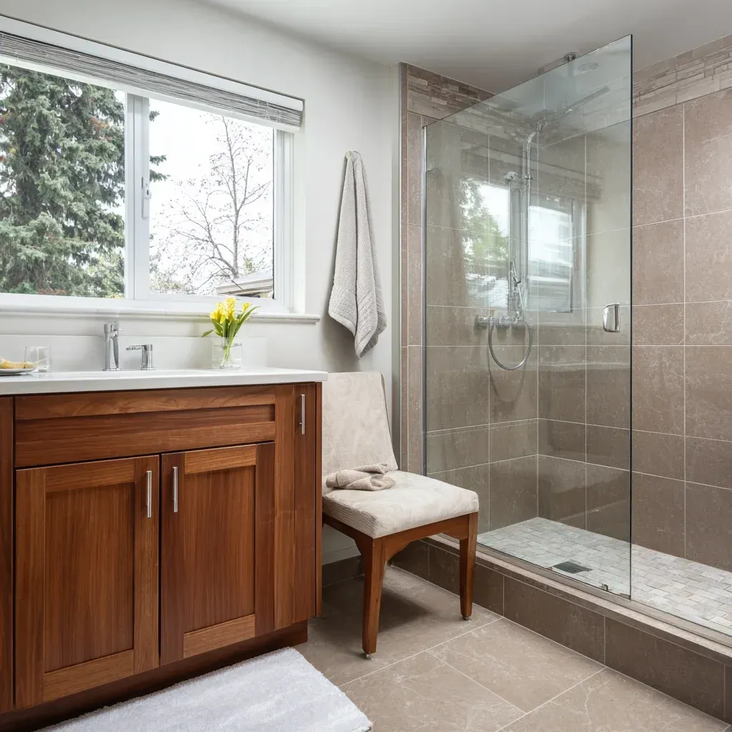 Vancouver bathroom renovation contractors installing engineered stone countertop and under-mount sink. Recessed LED lighting brightens compact spaces. Fully insured and certified professionals handled project.
Eco-friendly bathroom renovation Vancouver BC with low-VOC paint and water-saving plumbing fixtures. Energy-efficient lighting reduces long-term operating costs. Sustainable renovation practices applied throughout project.
Modern bathroom remodeling Vancouver featuring wet-room design and concealed linear drain installation. Cement board backing prevents moisture penetration. Ideal for minimalist and contemporary interiors.
Vancouver bathroom renovation with custom cabinetry storage solutions and soft-close hardware upgrades. Porcelain tile shower surround ensures longevity. Installed by experienced Lower Mainland professionals.
Luxury ensuite bathroom remodel Vancouver showcasing freestanding soaking tub and rainfall shower combination. Heated floors enhance winter comfort. Designed to increase overall property value.