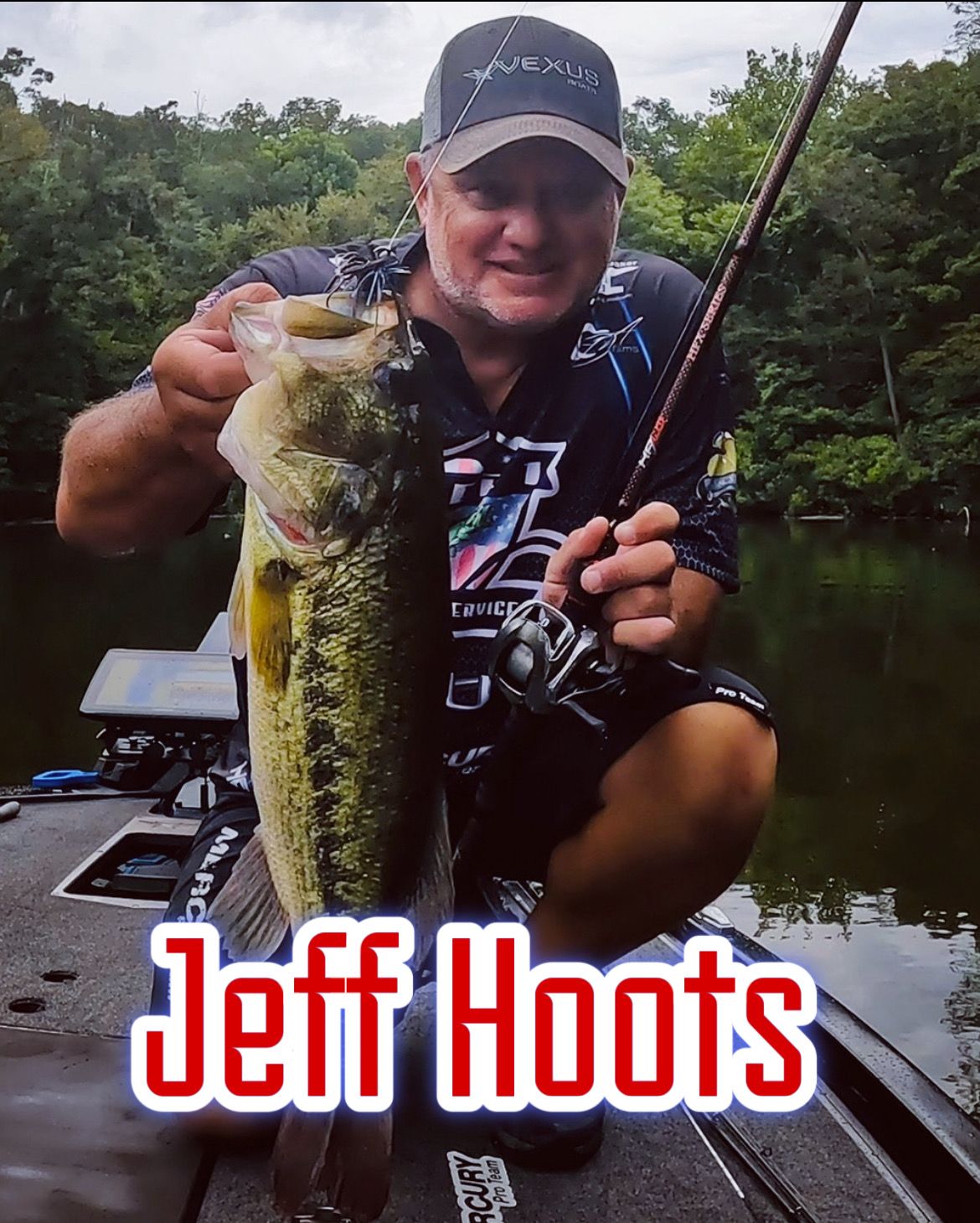 Man holding a largemouth bass beside a river, with “Jeff Hoots” text at the bottom.