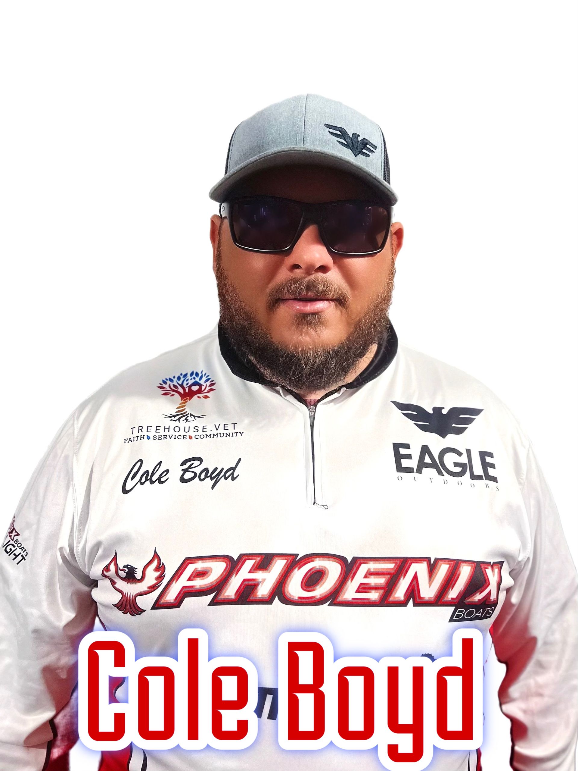 Man wearing sunglasses and a cap in a white Phoenix Eagles shirt with “Cole Boyd” text