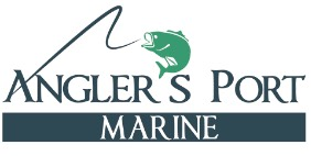 Angler’s Port Marine logo with fish and fishing line in teal and gray