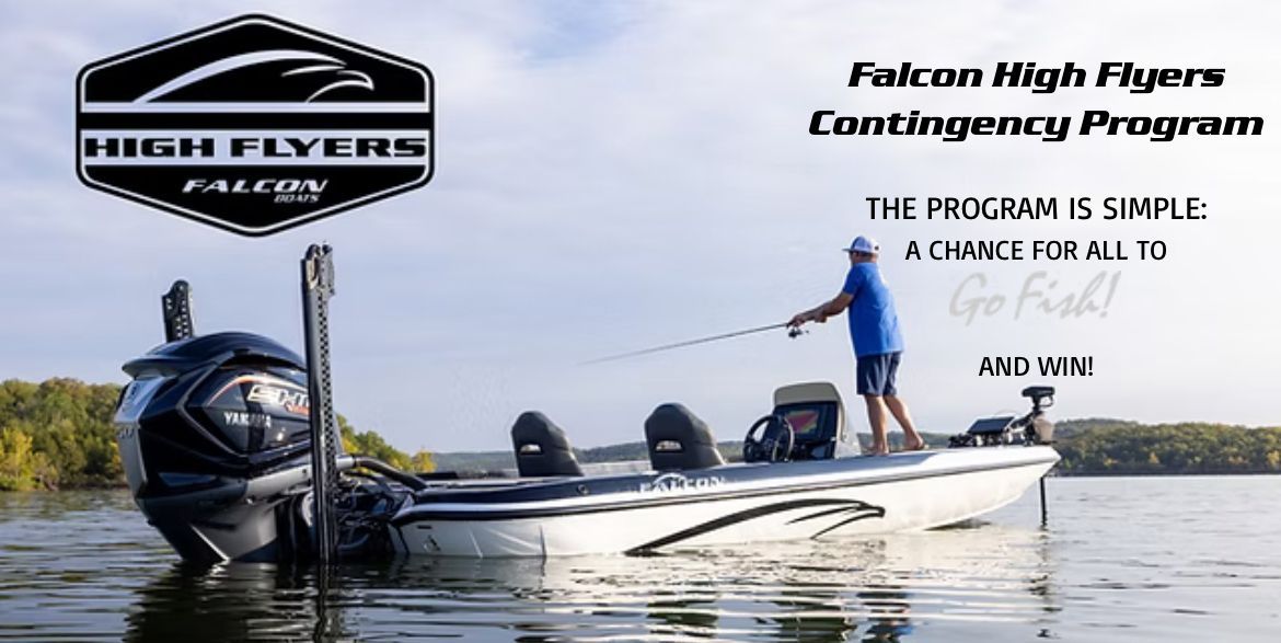 Fishing boat on calm water with caption “Falcon High Flyers Contingency Program” and a logo at left