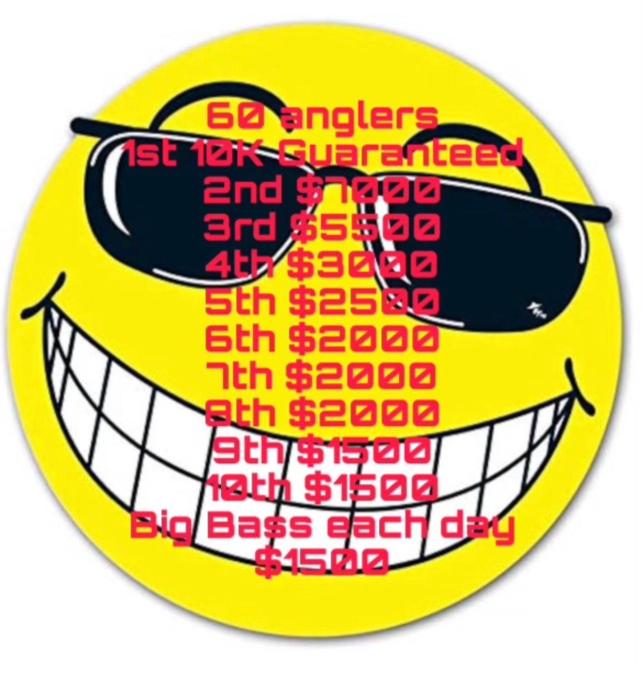 Yellow bass-fishing tournament flyer with prize amounts and a grinning cartoon face wearing sunglasses