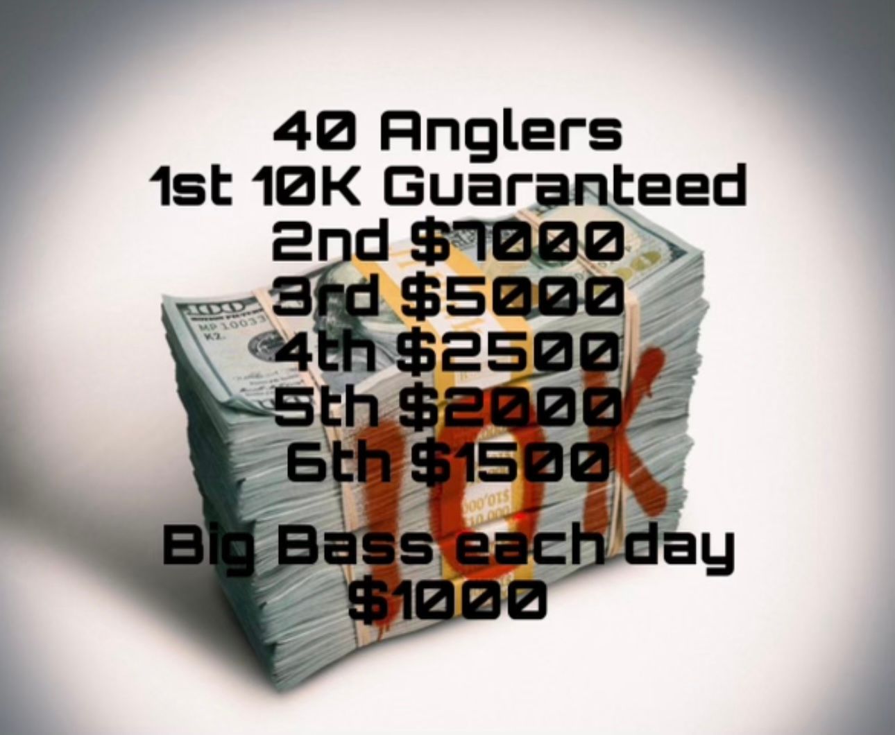 Fishing tournament prize poster with stacked cash and text listing payouts for top 6 anglers