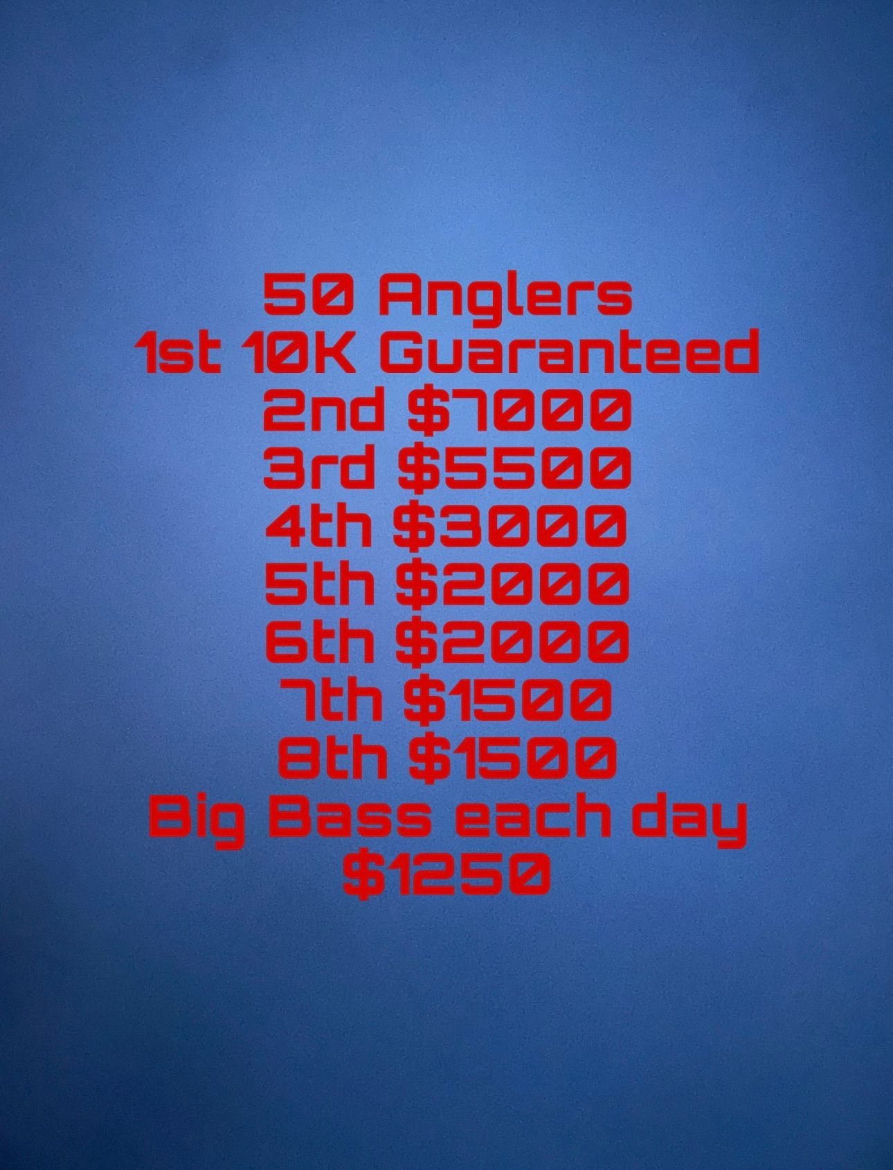 Red text on blue background listing Anglers payouts, including “1st 10K Guaranteed” and “Big Bass each day $1250”