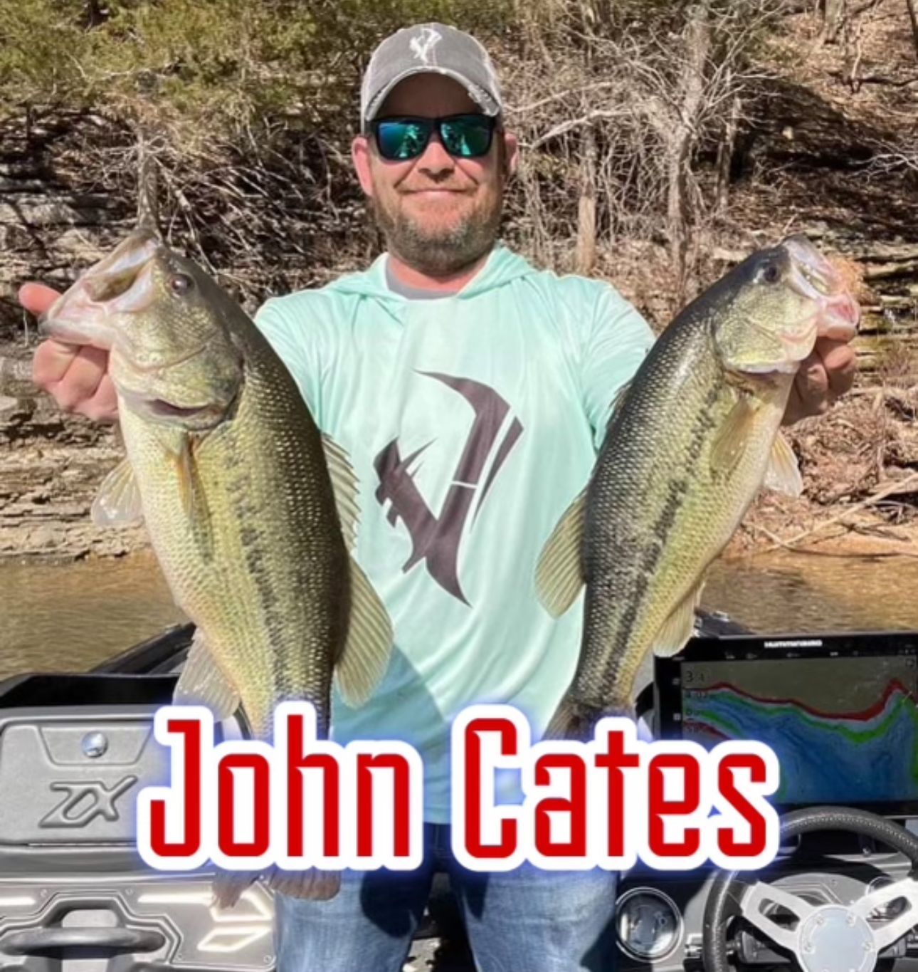 Man holding two largemouth bass on a boat, with “John Gates” text overlaid.