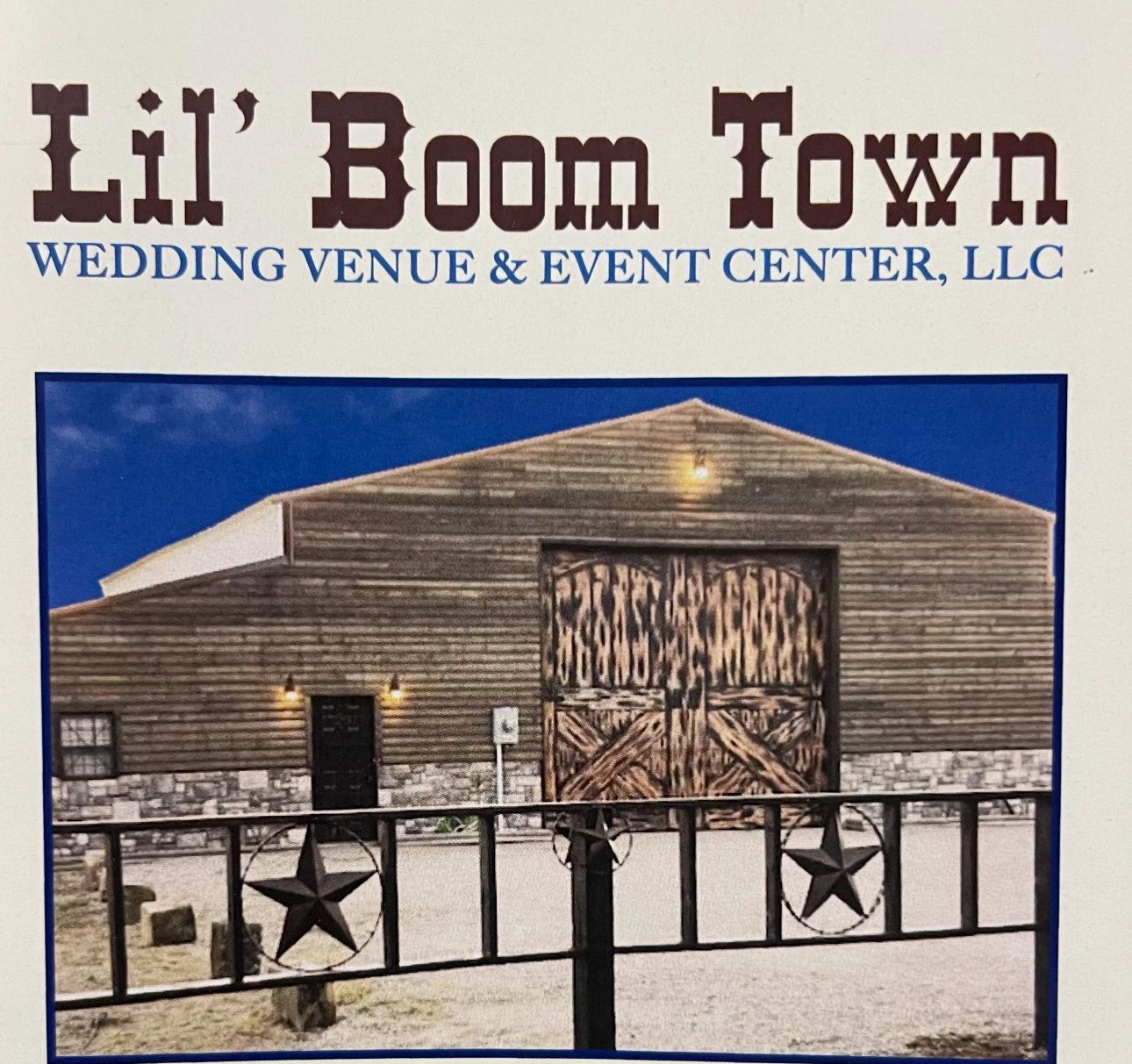 Lil' Boom Town wedding venue and event center sign with rustic barn image