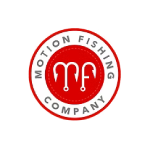 Red circular Motion Fishing Company logo with stylized white fishing hook icon