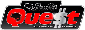 Bass Cat Quest tournament rewards logo in red, white, and black