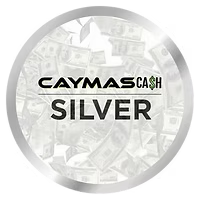 Caymas Cash Silver logo on a silver coin-like circle with faint dollar bills in the background