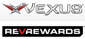 Vexus and REWARDS logos in metallic silver, red, and black branding