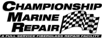 Logo for Championship Marine Repair with black text and a checkered flag; reads “A full service fiberglass repair facility”