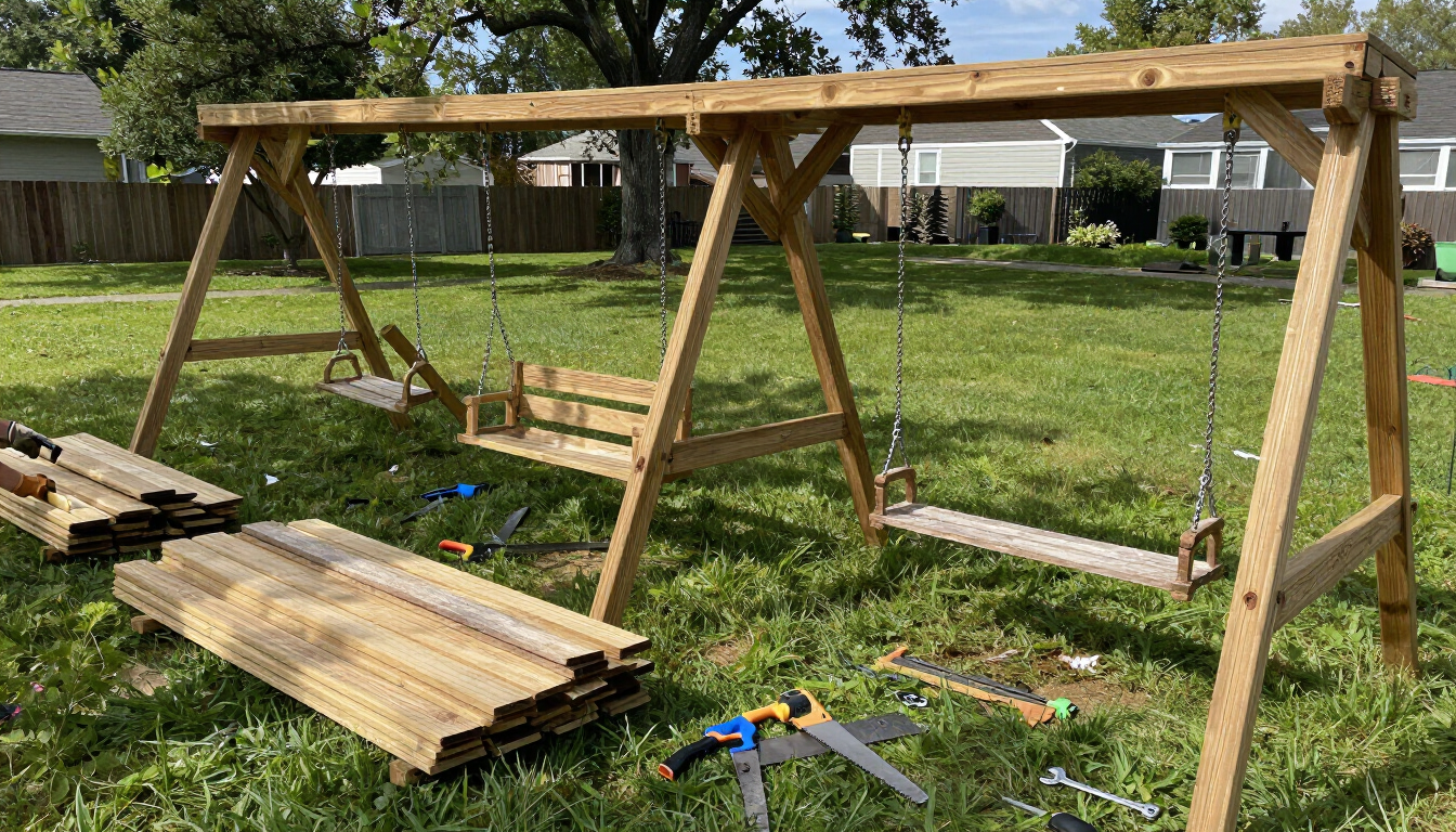 Partially built wooden A-frame structure in a grassy backyard with lumber and tools scattered nearby